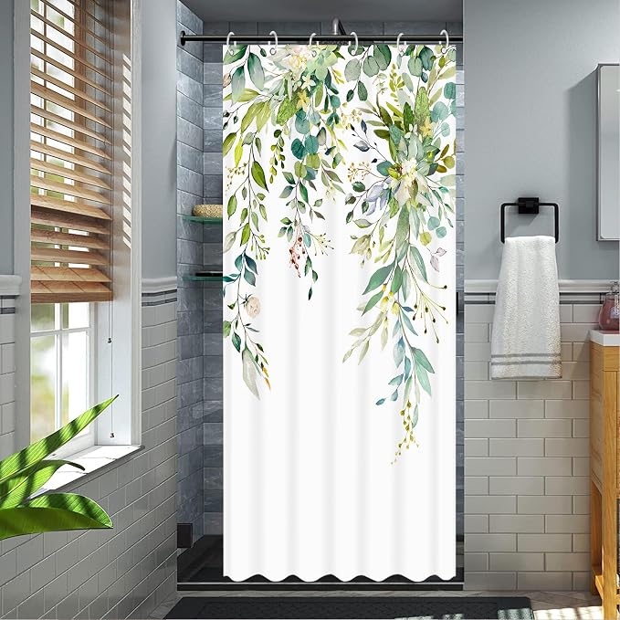 Stall Green Eucalyptus Shower Curtain Set Watercolor Floral Plant Leaf Shower Curtains for Bathroom Botanical Flower Waterproof Fabric Bath Curtain Decor (Green, 36'' x 72'')