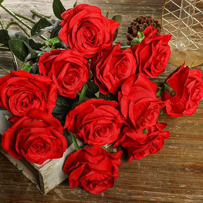 Kisflower 12 Pcs Red Roses Artificial Flowers with Stems Silk Roses Fake Rose Realistic Flower Bouquet for Wedding Party Office Home Decor (Red)