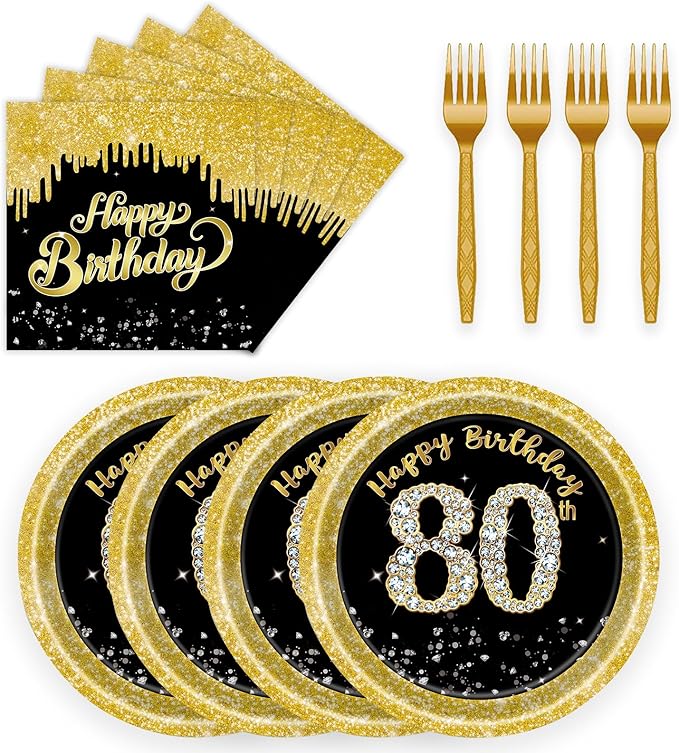72 Pcs 80th Birthday Paper Plates and Napkins Party Supplies, Back Gold 80th Birthday Party Plates and Napkins Tableware Set for Men Women Cheers to 80 Years Decorations Serves 24