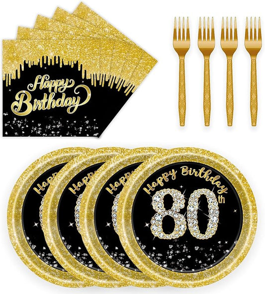 72 Pcs 80th Birthday Paper Plates and Napkins Party Supplies, Back Gold 80th Birthday Party Plates and Napkins Tableware Set for Men Women Cheers to 80 Years Decorations Serves 24