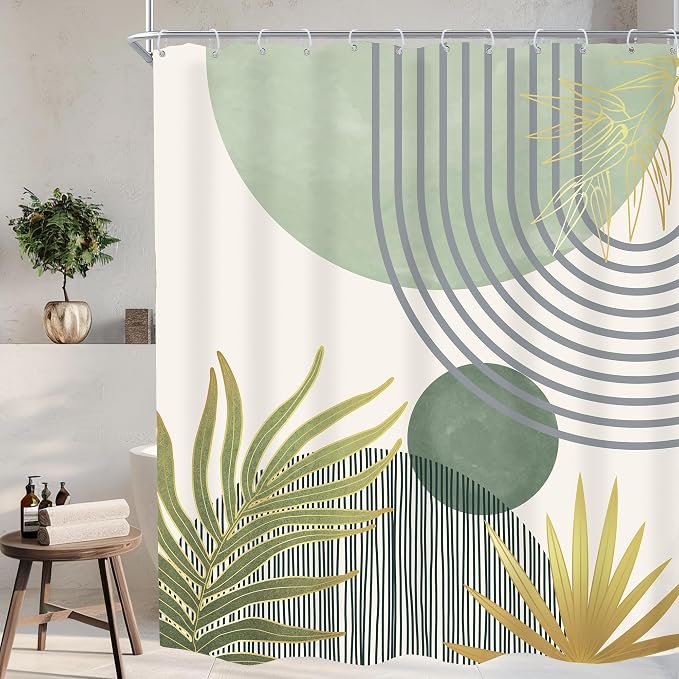 KOMLLEX Mid Century Mint Green Boho Shower Curtain 60Wx72L Inches Abstract Modern Shower Curtains for Bathroom Decor Plant Botanical Minimalist Arch Sun Fabric Liner Waterproof Polyester 12 Pack Hooks