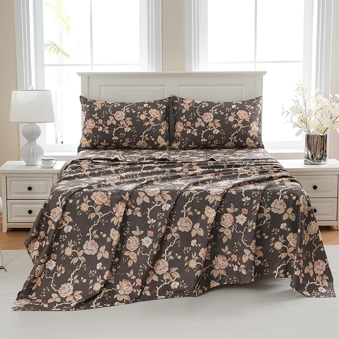 Zusbest Dark Brown Floral Bed Sheets Set - Full Size Percale Cotton Shabby Rustic Peony Flower Print Bed Sheets - Soft Breathable Mocha Classic Vintage Bedding 4 Pcs Deep Pocket Flower Bed Sheets