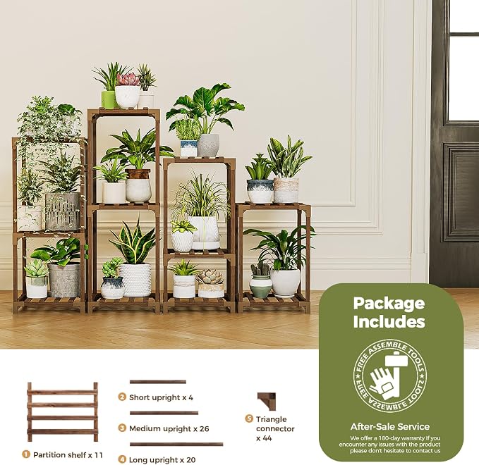 Bamworld Plant Stands Indoor 4 Sets Plant Shelves Outdoor Wooden Plant Holder for Multiple Plants Flower Stands for Living Room Balcony Garden Patio Lawn Window