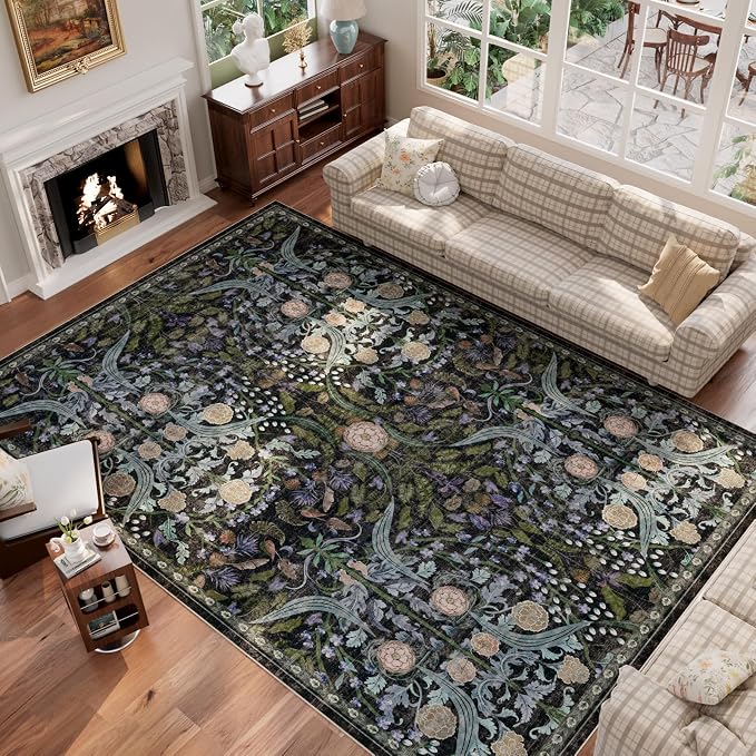 AMTOVO 8x10 Washable Area Rugs for Living Room, Non-Slip&Non-Shedding Large Soft Boho Floral Vintage Accent Print Carpet for Bedroom Dorm Dining Room Farmhouse Nursery Playroom Home Office, Black