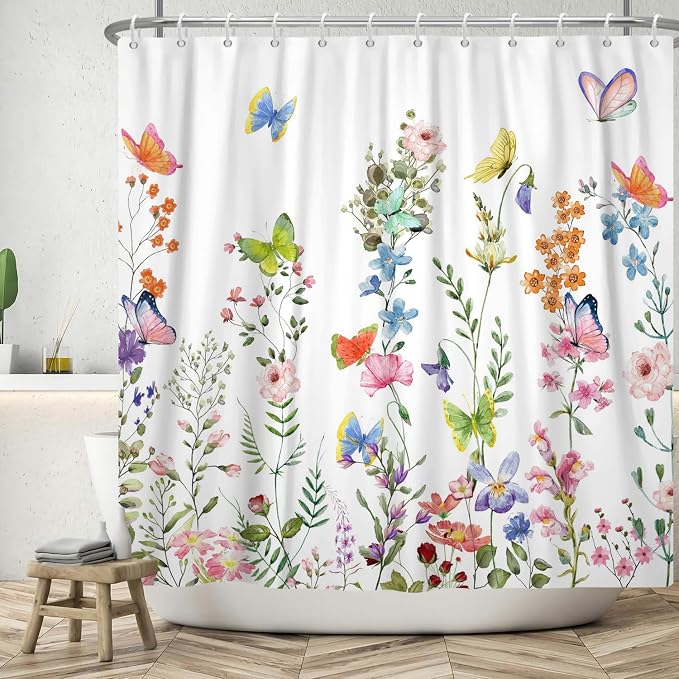 Spring Floral Butterfly Shower Curtain Summer Colorful Wildflowers Botanical Shower Curtain for Rustic Vintage Bathroom Decor Easter Shower Curtain Set 72x96 Inches