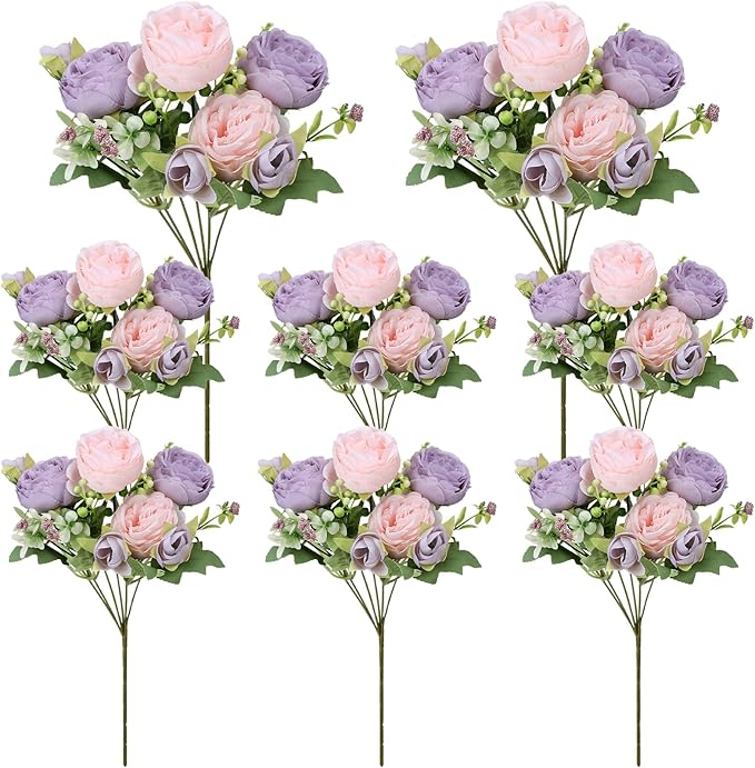8 Pack Pink, Purple Peonies Artificial Flowers, Fake Silk Hydrangea Bouquet for Bridal Wedding Home Table Decor Reusable Dining Opening Ceremony Birthday Arrangement Faux Floral