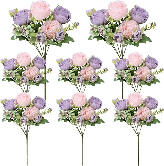 8 Pack Pink, Purple Peonies Artificial Flowers, Fake Silk Hydrangea Bouquet for Bridal Wedding Home Table Decor Reusable Dining Opening Ceremony Birthday Arrangement Faux Floral
