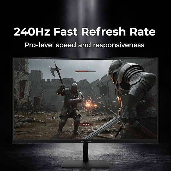 Deco Gear 27” 240Hz Curved Gaming Monitor, 1500R VA, FHD 1080p, HDR, 99% sRGB, Premium Adaptive-Sync, 5ms OD, HDMI & DisplayPort, FPS/RTS Modes, PC & Console Compatible, American Seller
