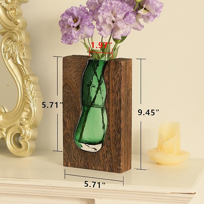 Wood and Glass Inlay Vases Farmhouse Wooden Glass Flower Vase Solid Wood Glass Vase Home Decor Vases for Centerpiece (9.45 Inches)