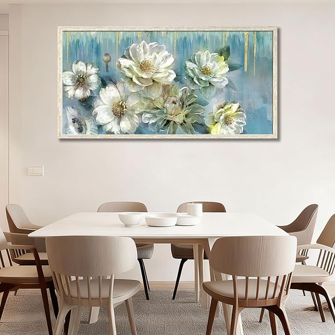 Ardemy Teal Canvas Wall Art Large Framed Magnolia White Floral Pictures Wall Decor Textured Painting Flowers Turquoise Artwork for Living Room Bedroom Dining Room Home Office, 48"x24"