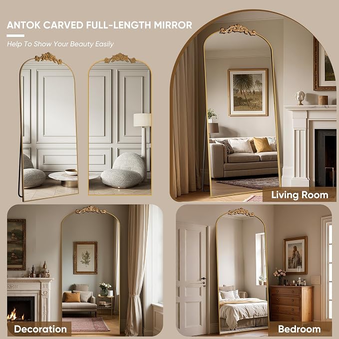 Antok Arched Full Length Mirror, 78"x38" Floor Mirror with Carved, Full Body Mirrors for HomeDecor, Standing/Halling Large Wall Mirror for Bedroom, Living Room, Cloakroom, Gold, Retro Style