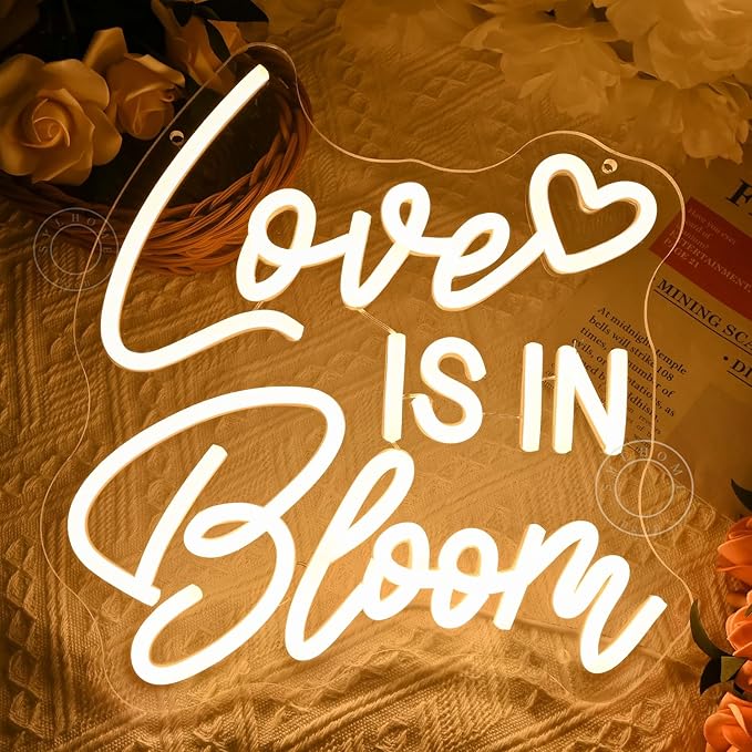 SYLHOME Love Is In Bloom Led Neon Light Sign Heart Bedroom Nursery Wall Sign Decor Wedding Birthday Bridal Shower Party Engagement Proposal Backdrop 11.81" X 11.14" USB