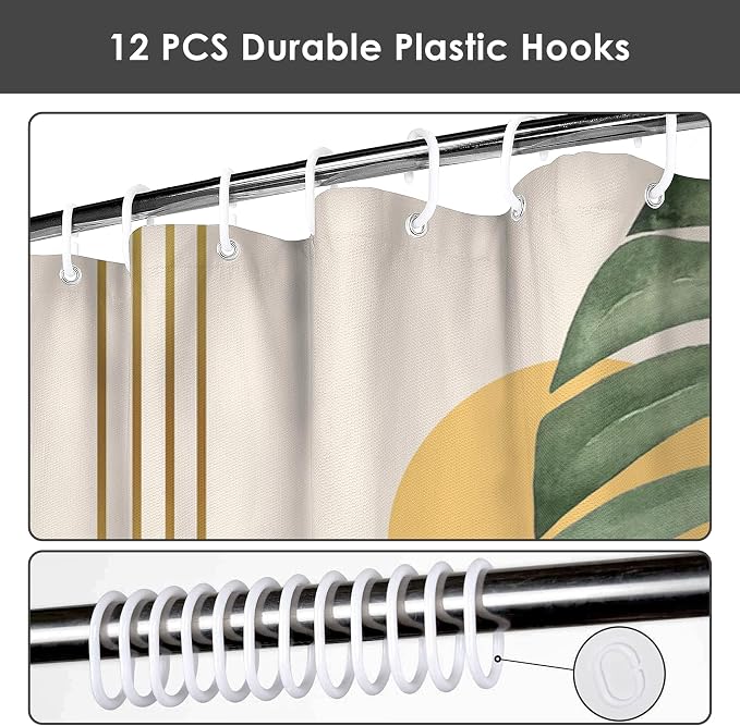Mid Century Abstract Boho Aesthetic Shower Curtain Set, Green Nature Leaf Sun Modern Minimalist Home Bathroom Curtain Decor with 12 Hooks 72 Inch Wide * 72 Inch High