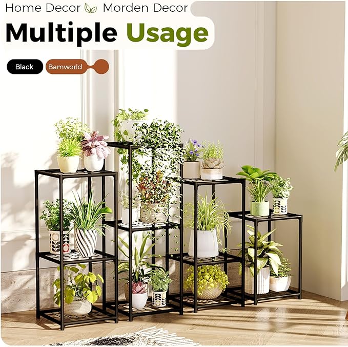Bamworld Plant Stands Indoor 4 Sets Plant Shelves Outdoor Metal Plant Holder for Multiple Plants Flower Stands for Living Room Balcony Garden Patio Lawn Window Black