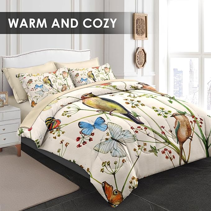Comforter Set Queen Size, Vintage Birds Butterfly Colorful 7 Pcs Bedding for Kids and Adults, Floral Spring Beige Bed Sheet Sets with Fitted Sheet 2 Pillowcase & 2 Sham for Bedroom Bed Decor