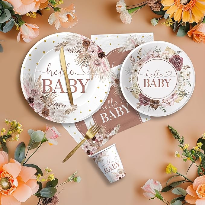 Boho Baby Shower Decorations Party Tableware - Boho Floral Pampas Grass Baby Girl Decorations, Paper Plate, Napkin, Cup, Disposable Cutlery | 24 Guests