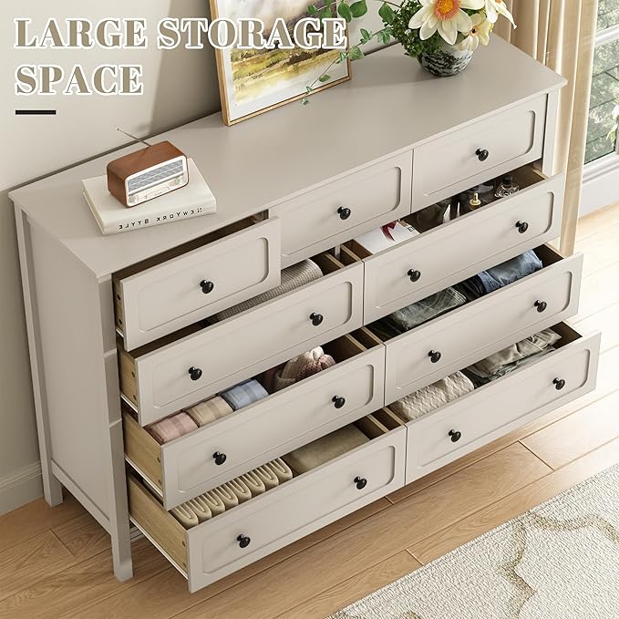 CARPETNAL Beige Dresser for Bedroom, 55" Wide 9 Drawer Dresser with Metal Handles and Deep Drawers, Modern Large Wood Chest of Drawers for Living Room, Hallway.
