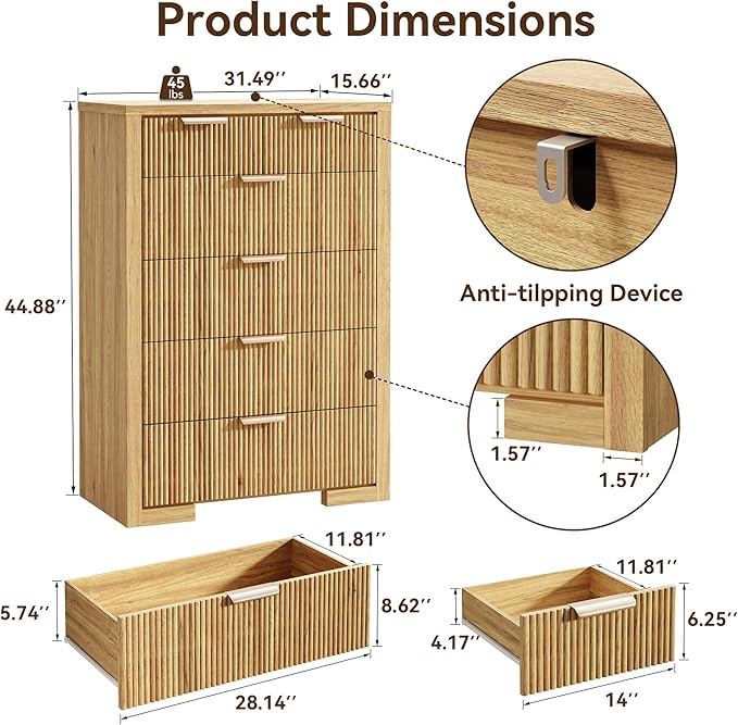 Fluted Dresser for Bedroom, 45" Tall Modern Chest of Drawers with 6 Drawers, Wood Closet Clothes Storage Organizer for Living Room, Wooden Dresser for Hallway, Natural Oak