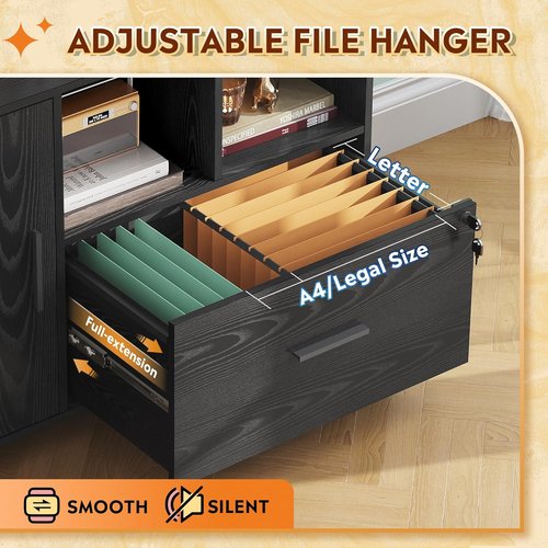 DEVAISE Office File Cabinet - Lockable 1-Drawer Lateral Filing Cabinet on Wheels | Black with Open Storage Shelves
