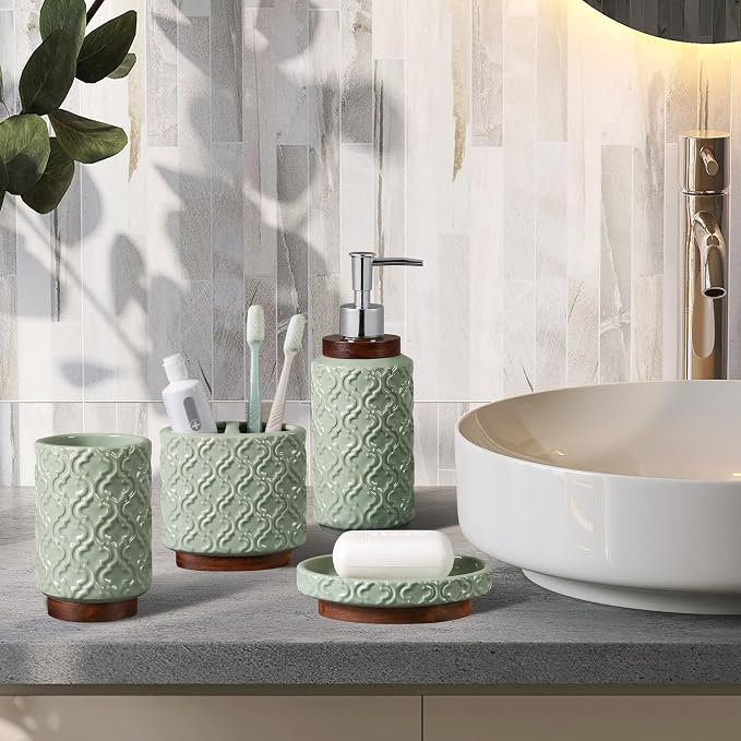 RQYIXI 4 Piece Bathroom Accessories Set, Green Ceramic Bath Accessory Set with Wood Accents, Soap Dispenser, Toothbrush Holder, Tumbler and Soap Dish, Elegant Bathroom Countertop Decor