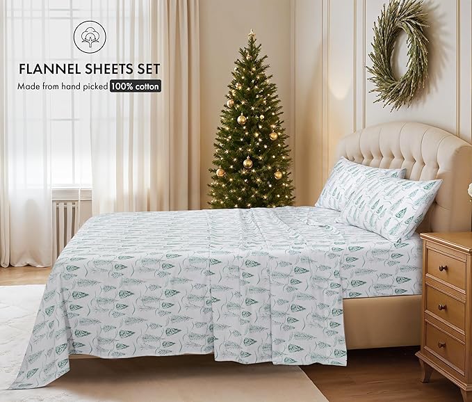 RUVANTI Flannel Sheets Full Size - 100% Cotton Double Brushed Bed Sheets Set, Deep Pockets 16 Inches, All Seasons Breathable & Extra Soft Full Sheets, Warm & Cozy, 4 Piece, Alpine Serenity