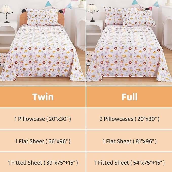 Viviland 3 Pieces Girls Cake Dessert Twin Sheet Set - Soft Microfiber Fitted Flat Sheets & Pillowcase - Kids Cute Ice Cream Donuts Print Bedding Sets - for Kids & Toddlers