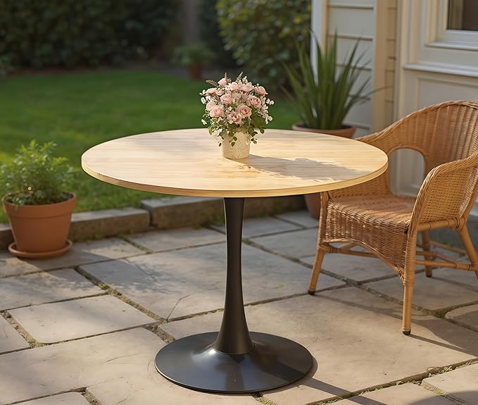 24" Tulip Table for 1-2 Persons Modern Round Dining Room Table, Mid-Century Modern Nature Small Kitchen Table with MDF Wooden Top, Leisure Coffee Table for Living Room, Dining Room, Office