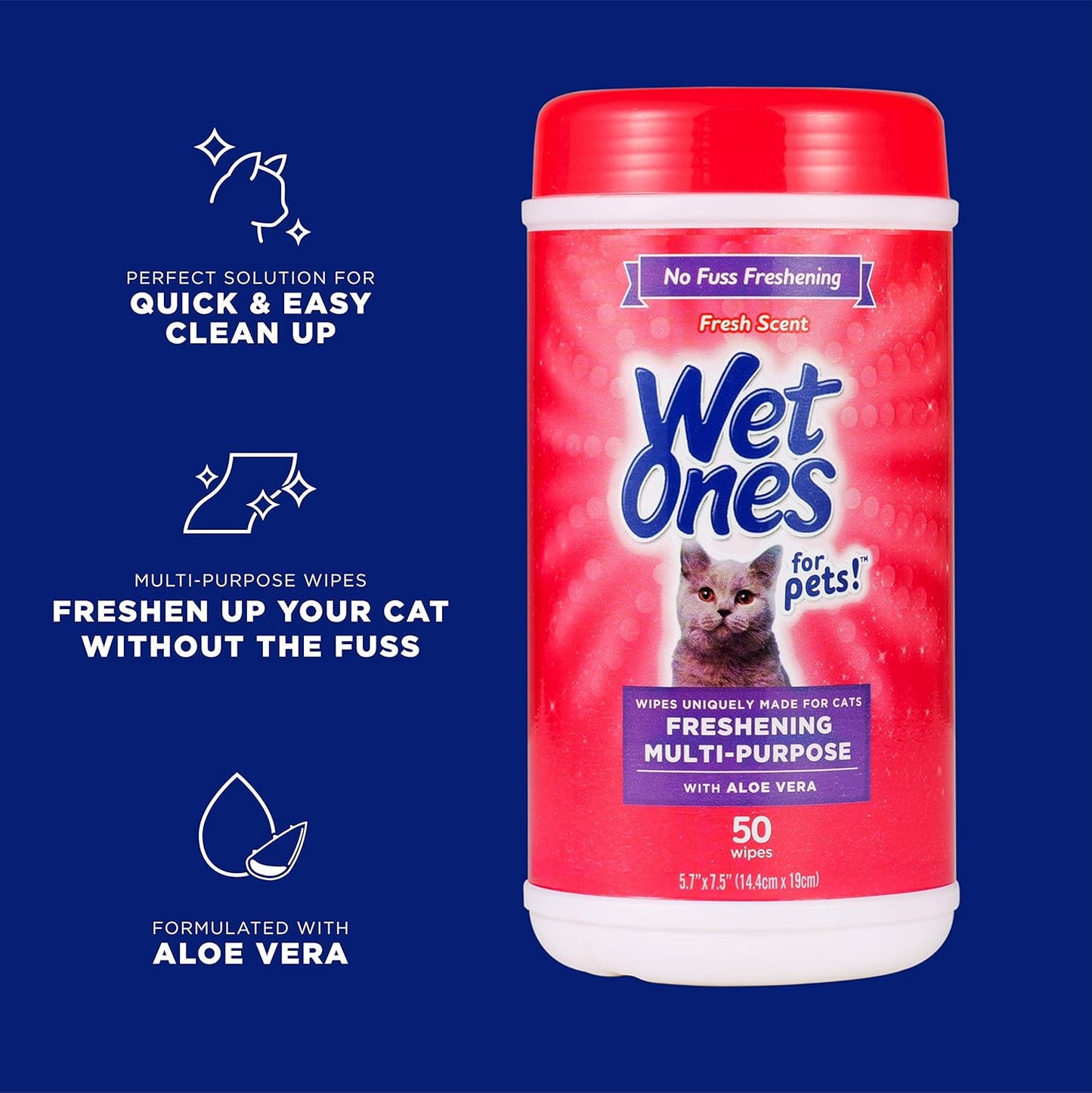 Wet Ones for Cats - Multi-Purpose Grooming Wipes with Aloe Vera | Fresh Scent, 50 Count - Removes Dirt & Odor