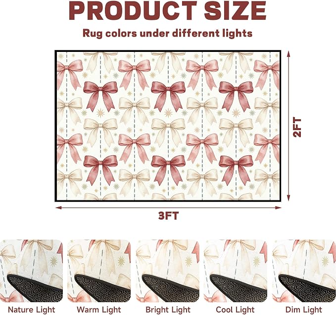 Pink Bowknot Area Rug 2'x3' Watercolor Coquette Aesthetic Non-Slip Washable Carpet for Entryway Bedroom Living Room Nursery Kitchen Playroom Home Decor Soft Low Pile Floor Mat