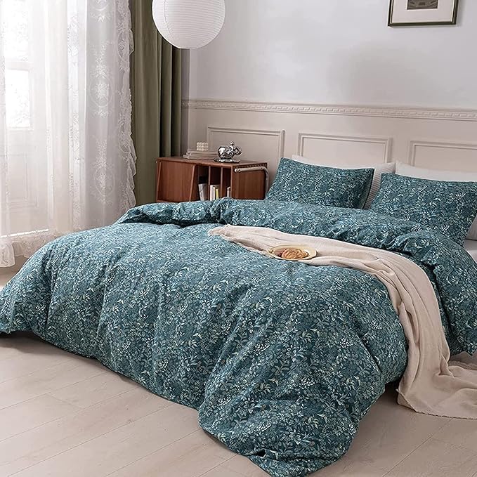 EAVD Botanical Floral Duvet Cover King Soft 100% Cotton Floral Blue Duvet Cover Set Chic Shabby Floral Bedding Set Garden Style Blue Floral Comforter Cover with Zipper Closure 4 Ties