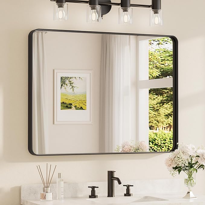 TETOTE 40 x 30 Inch Black Frame Mirror, Bathroom Vanity Mirror for Wall, Modern Rectangle Round Corner Matte Framed Mirror (Horizontal/Vertical)