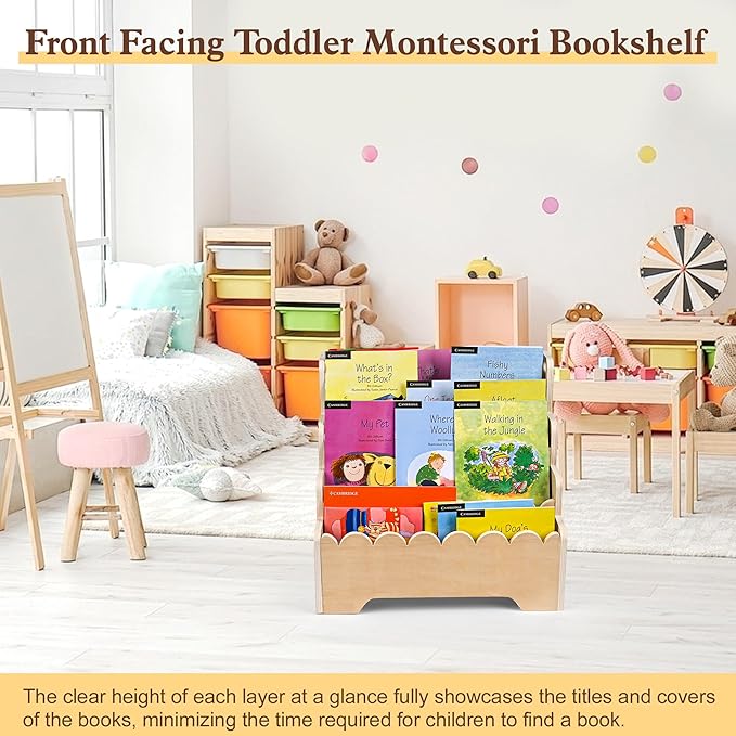 MBYD Wooden Kids Bookshelf 4-Tier, Scalloped Book Shelf for Kids, Front Facing Toddler Montessori Bookshelf, Baby Nursery Book Shelves, Children Bookcase Organizer for Bedroom Playroom Living Room