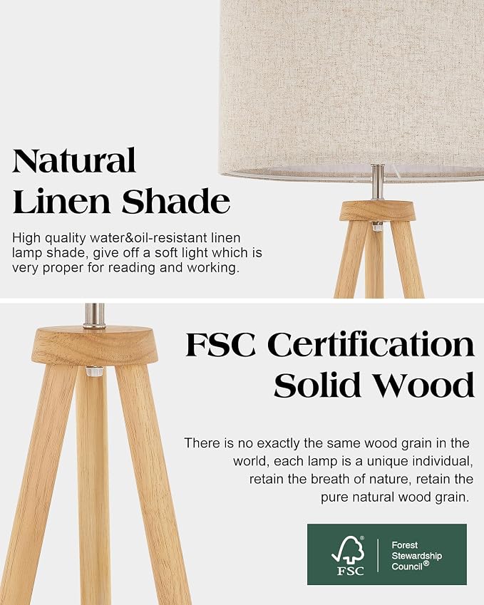 ELYONA Wood Tripod Floor Lamp for Living Room, Nordic Standing lamp with 3 Color Temperatures LED Bulb Included & Beige Linen Shade, Footswitch, Tall lamp for Bedroom, Office, Study Room, Natural Wood