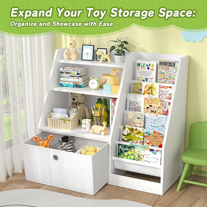 TOETOL Kids Bookshelf,Book Storage Organizer,6 Sling Toddler Wooden Book Shelf,3-Tier Kids Bookcase for Bedroom,Livingroom,Playroom,Nursery-White