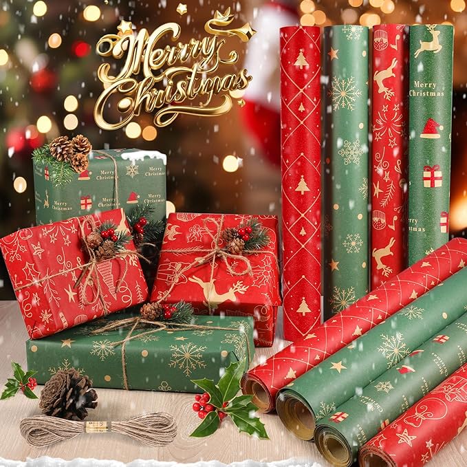 Panigkids Xmas Wrapping Paper Rolls - 4 Jumbo Kraft Wrap (17in x16.4ft Each) for Kids Adults, Festive Golden Red Tree & Green Snowflakes, Durable Holiday Gift Wrap + Jute Twine