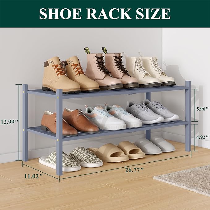 Smiry Bamboo Shoe Rack 2-Tier, Stackable Wooden Shoe Organizer for Entryway & Closet, Free Standing Wood Shoe Storage Shelf for Front Door & Small Spaces, Grey