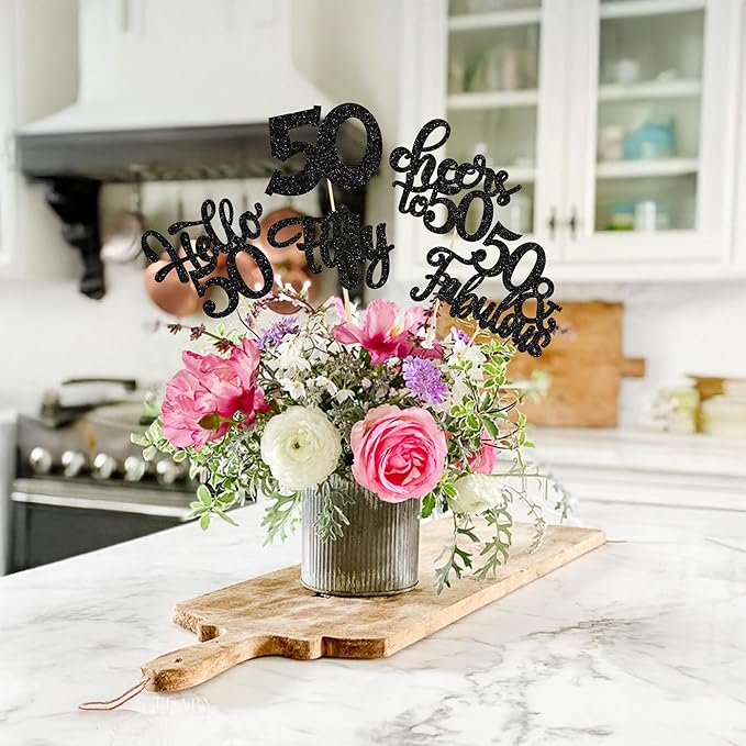 Gyufise 15Pcs 50th Birthday Centerpiece Sticks Fifty Happy 50th Table Flower Centerpieces Sticks Cheers to 50 Floral Decorations for 50th Birthday Party Centerpieces Supplies Black