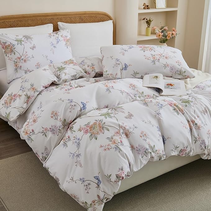 100% Cotton Duvet Cover King Size – Elegant French Romantic Floral Duvet Cover Set with Zipper Closure, 3-Piece Soft Breathable Durable Percale Cotton Bedding Set for All Seasons