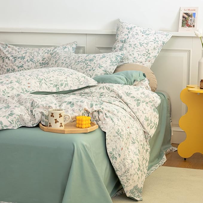 EAVD Vintage Style Garden White Floral Duvet Cover Queen Soft 100% Cotton Flower Green Leaves Botanical Bedding Set with 2 Pillowcases Chic Botanical Floral Comforter Set Aesthetic Bedding Set