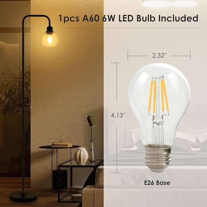 Modern Floor Lamps for Living Room with 6W LED Bulb, Industrial Floor Lamp, Clear Glass, Black Classic Reading Tall Lamp for Home Office, Standing Lamps for Bedroom, Study, Minimalist, Vintage
