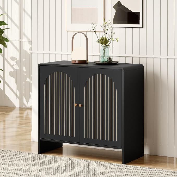 Black Sideboard Buffet Cabinet with Storage, Wood Arched Storage Cabinet with 2 Doors and Adjustable Shelf, Small Curved Entryway Accent Cabinet for Living Room Hallway Kitchen Dining Room