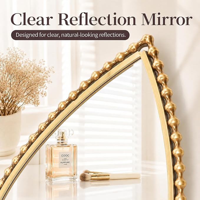 24x36 Inch Large Teardrop Wall Mirror with Bold Antique Gold Beaded Iron Metal Frame, Pointed Arch Vertical Vanity Mirror for Bathroom, Entryway, Bedroom, Living Room Wall Mounted