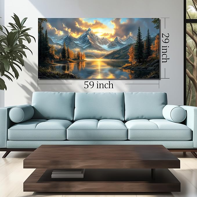 JuhaiArt Large Mountain Lake Wall Art Gold Picture Nature Artwork Landscape Canvas Decor for Living Room Bedroom Office Scenery Art 29" x 59"