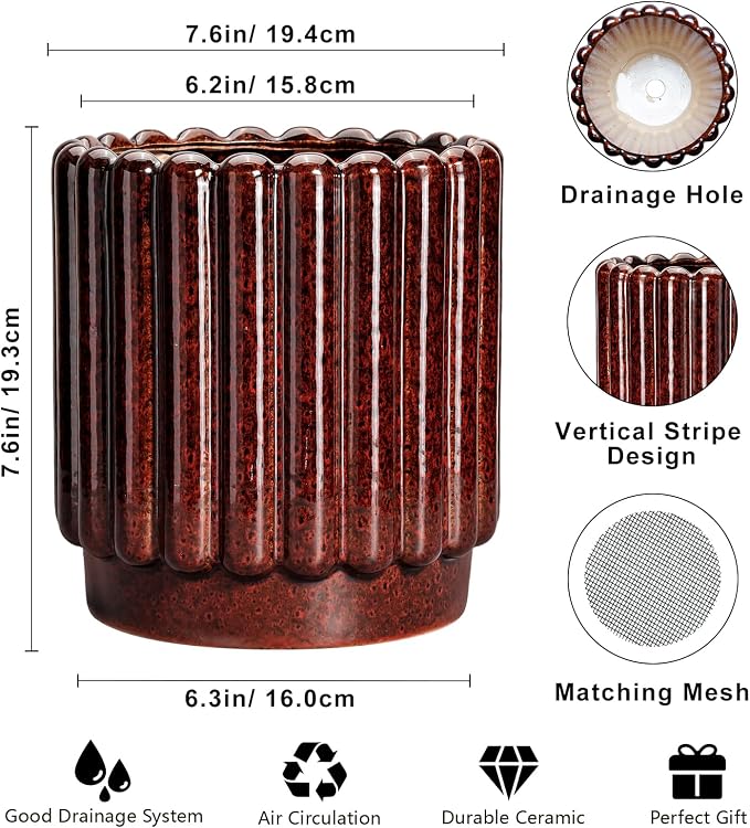 Ceramicfor Ceramic Pots for Plants - 7.6 Inch Indoor Planter, Decorative Plant Pots with Drainage Hole, Fluted Ceramic Flower Pots, Round Planter Outdoor, Patio Decor, Gifts for Plant Lovers, Red