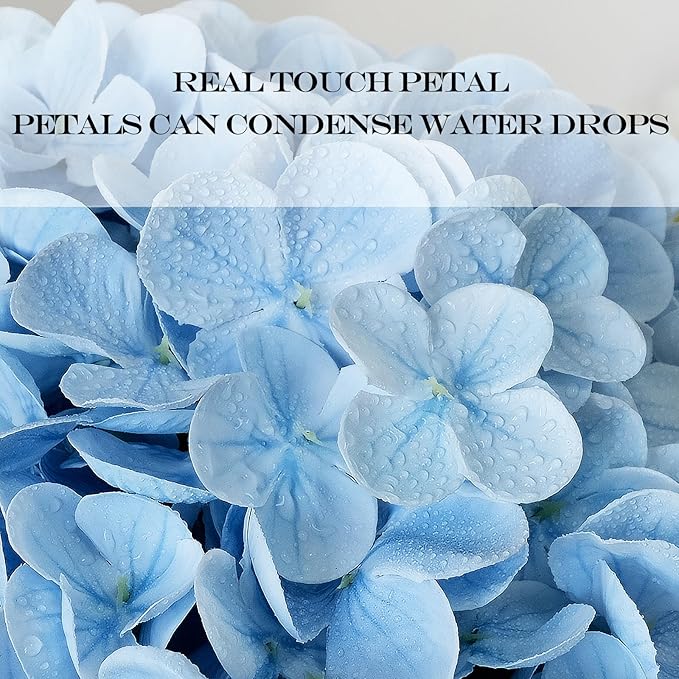 Blue/White Artificial Hydrangeas Silk Flowers, 4Pcs Large Latex Real Touch Lifelike Hydrangea Artificial Flowers,Faux Flowers Bouquet for Halloween Fall Wedding Outdoor Kitchen Table Home