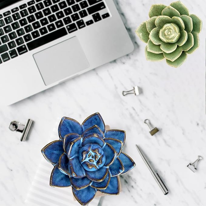 Ceramic Succulent Flowers Table Top with Stable Base, 3D Handmade Tablescape Decorative (Blue)