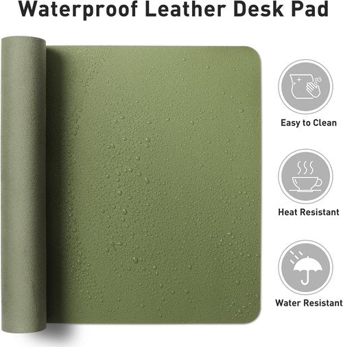 Aothia Leather Desk Pad Protector - Non-Slip PU Leather Office Mat | Waterproof Writing Pad (36" x 17", Olive Green)