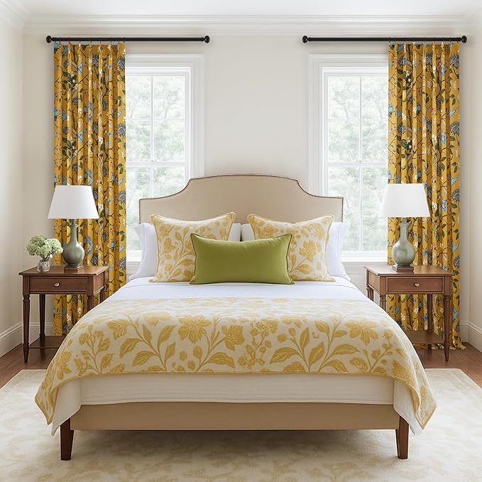 Mustard Yellow Printed Pattern Curtains 96 Inches Long for Living Room Bedroom Pinch Pleated Blackout Vintage Art Deco Anthropologie Vintage Floral Lemon Hummingbird Drape 96 Inch Length 2 Panels