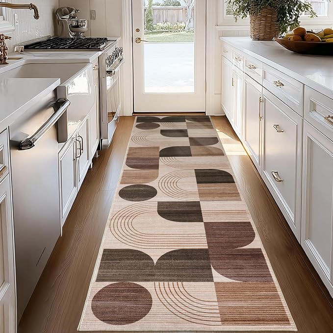 Machine Washable 2x6 Runner Rug, Soft Modern Geometric Abstract Brown Rugs for Bedroom Living Room, Non-Shedding Faux Wool Indoor Throw Floor Carpet for Office Entryway Dining Room Decor