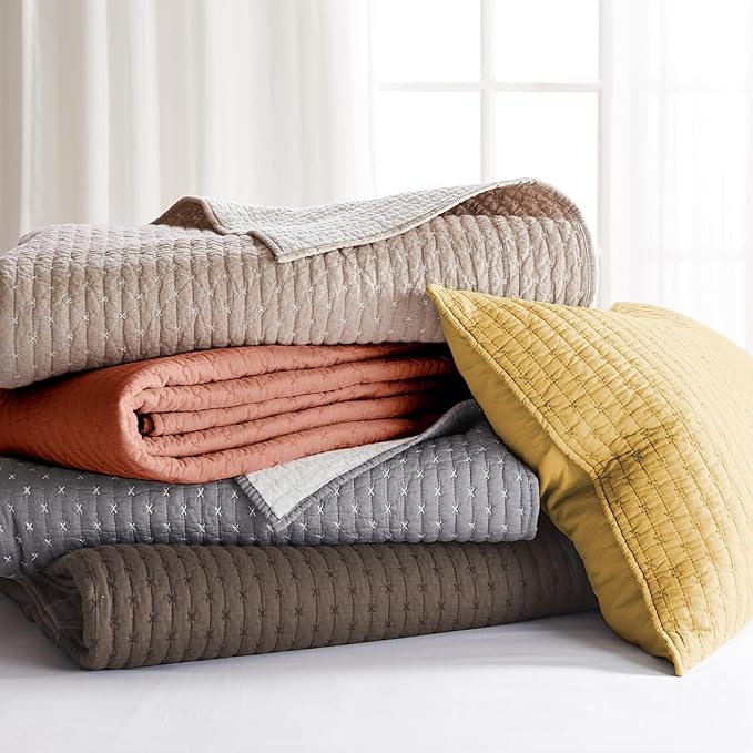 Levtex Home Cross Stitch Reversible Queen Bedspread Set (104x106in) with 2 Pillow Shams (26x20in) - Stitch Texture - Cocoa - Cotton Queen Size Bedspread Set - Lightweight, Soft, Pre-Washed